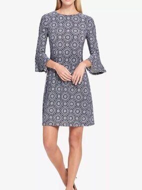 NWT Tommy Hilfiger Mandala Shift Dress Jersey Blue White Bell Sleeves Sz 6P